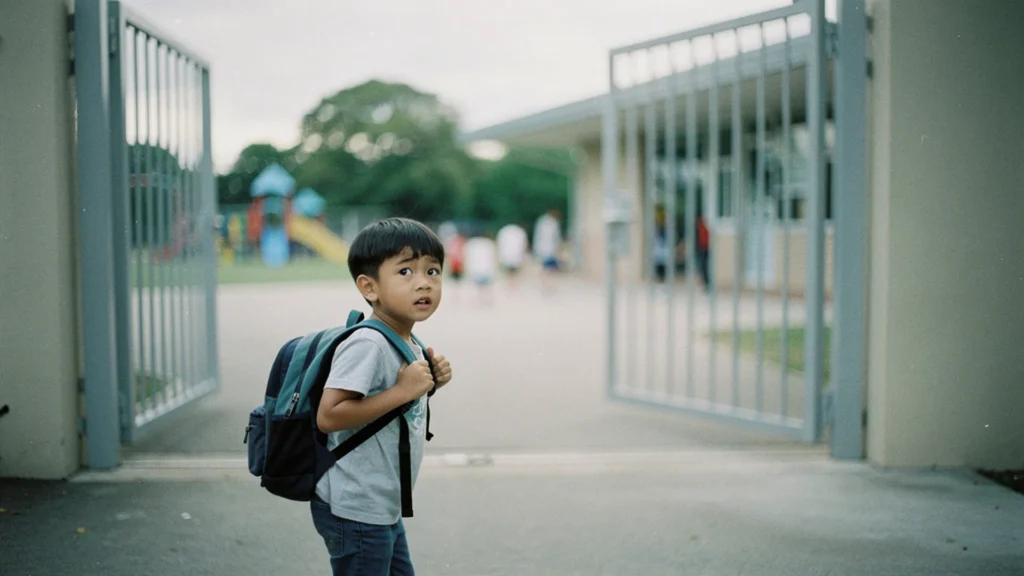 Enfant de 6 ans hésitant devant le portail de son école le matin de la rentrée, cartable sur le dos, regard inquiet vers l'intérieur de la cour