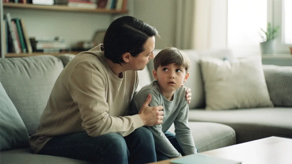 Parent et enfant assis côte à côte sur un canapé, en pleine conversation