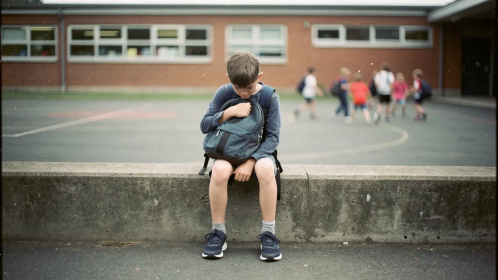 Enfant assis seul dans la cour de récréation, à l'écart d'un groupe d'élèves