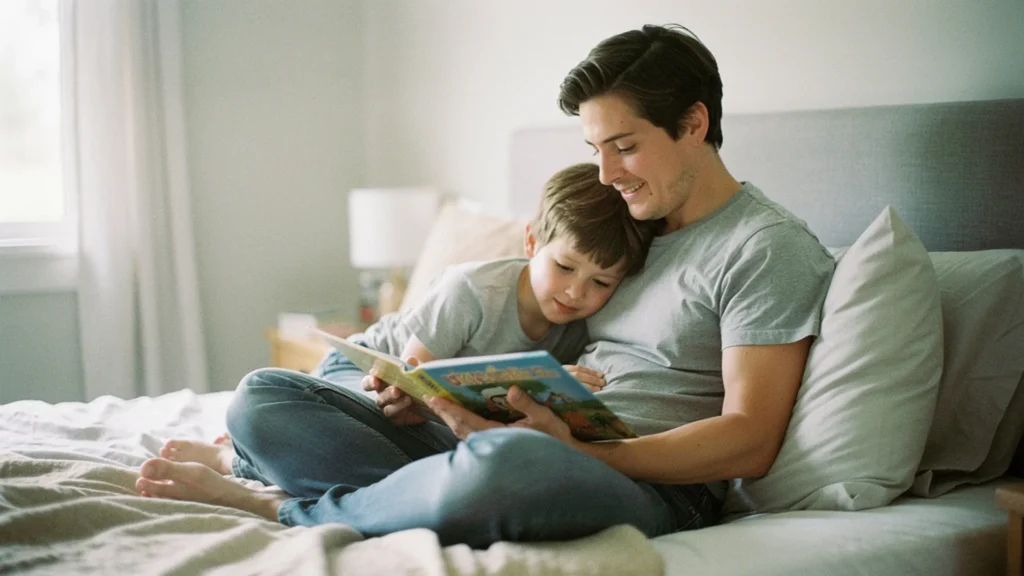 Parent et enfant partageant un moment de lecture complice avec un livre personnalisé