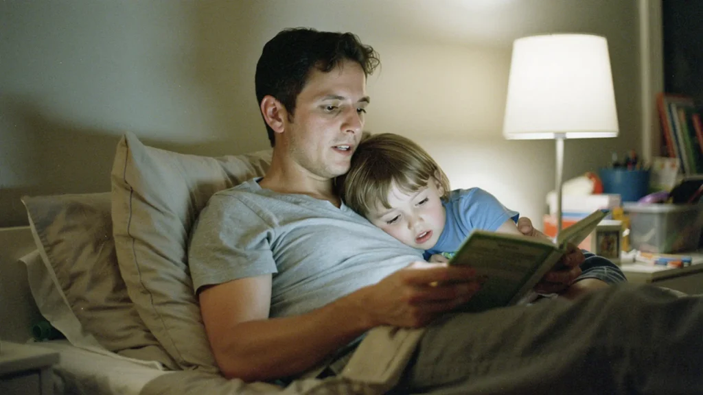 Parent lisant un livre à un enfant de 4 ans blotti contre lui dans un lit, le soir