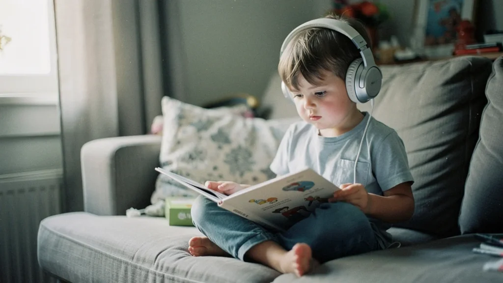 Enfant de 4 ans écoutant une histoire avec un casque tout en tenant un livre illustré ouvert