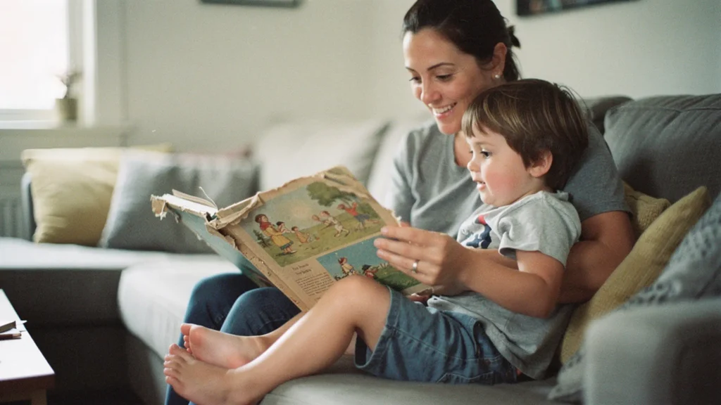 Adulte souriant en train de feuilleter un livre pour enfant personnalisé visiblement ancien, assis à côté d'un enfant de 6 ans