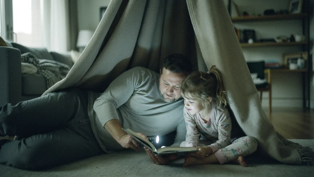 Père et fille de 6 ans lisant sous une couverture tendue en cabane avec une lampe de poche, livre ouvert entre eux