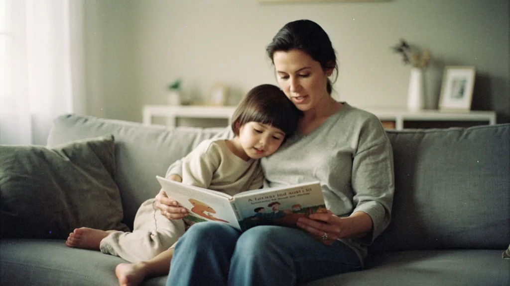 Un parent et un jeune enfant regardent ensemble les pages d'un livre personnalisé, blottis sur un canapé