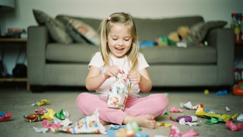 Petite fille de 6 ans ouvrant un cadeau emballé avec un grand sourire, dans un salon familial