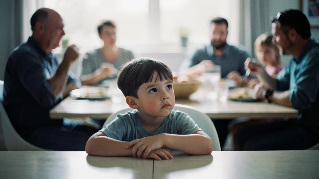 Enfant assis un peu à l'écart pendant un repas de famille recomposée, adultes et autres enfants en arrière-plan